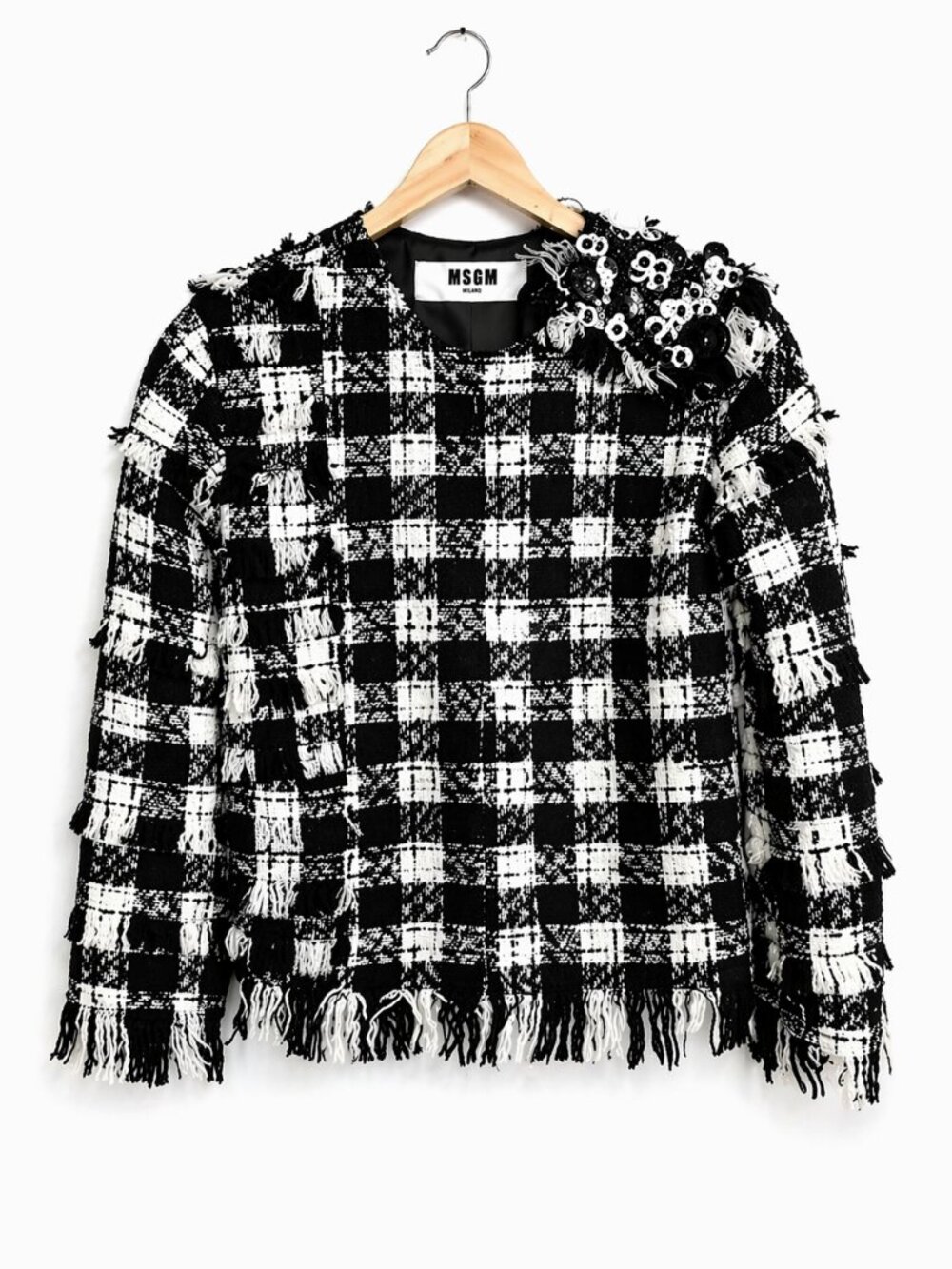 MSGM Milano Tweed Fringe Top Black White Plaid Embellished Designer Blouse Sz 6